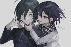 Rule 34 | 2boys, ?, ahoge, black hair, black jacket, checkered clothes, checkered scarf, danganronpa (series), danganronpa v3: killing harmony, grey background, hair between eyes, hand on another&#039;s chin, highres, jacket, long sleeves, male focus, multicolored hair, multiple boys, oma kokichi, open mouth, parted lips, purple eyes, purple hair, saihara shuichi, scarf, simple background, straitjacket, striped clothes, striped jacket, sweat, upper body, yellow eyes, zaso
