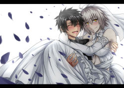 Rule 34 | 1boy, 1girl, :d, ^ ^, ahoge, alternate costume, armpits, bare shoulders, black hair, blush, breasts, bridal veil, bride, carrying, choker, closed eyes, closed mouth, command spell, couple, dress, elbow gloves, fate/grand order, fate (series), fujimaru ritsuka (male), fujimaru ritsuka (male) (royal brand), gloves, groom, hair between eyes, highres, jeanne d&#039;arc (fate), jeanne d&#039;arc (ruler) (fate), jeanne d&#039;arc alter (avenger) (fate), jeanne d&#039;arc alter (fate), large breasts, letterboxed, looking at viewer, midriff, navel, open mouth, pale skin, petals, princess carry, ribbon, ribbon choker, sanmoto gorouzaemon, short hair, silver hair, smile, spiked hair, stomach, veil, wedding dress, white dress, white gloves, white ribbon, yellow eyes