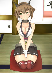 Rule 34 | 10s, 1girl, absurdres, blush, breasts squeezed together, breasts, brown hair, brown thighhighs, cleavage, collarbone, full body, gloves, gori matsu (turuyasann2), green eyes, head tilt, headgear, highres, indoors, kantai collection, looking at viewer, microskirt, midriff, mutsu (kancolle), pleated skirt, seiza, short hair, sitting, skirt, sleeveless, smile, solo, thighhighs, v arms, white gloves, wide hips