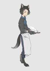 Rule 34 | 1boy, animal ears, animal feet, animal hands, barefoot, black hair, blue neckerchief, closed mouth, cup, grey background, hair slicked back, highres, holding, holding tray, kemono fabric, male focus, mogumo, neckerchief, orange eyes, original, simple background, sleeves rolled up, smile, solo, steam, tail, teacup, tray, waiter, walking, wolf boy
