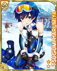 Rule 34 | 1girl, aqua eyes, black gloves, black shorts, black thighhighs, blue hair, breasts, card (medium), character name, cleavage, day, girlfriend (kari), gloves, goggles, goggles on head, green eyes, harumiya tsugumi, kneeling, looking at viewer, mountain, official art, open mouth, outdoors, qp:flapper, shirt, short hair, shorts, smile, snow, snowboard, tagme, thighhighs, tomboy, vest, white vest
