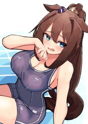 Rule 34 | 1girl, absurdres, animal ears, bare shoulders, blue eyes, breasts, brown hair, cleavage, ear ornament, el condor pasa (umamusume), highres, horse ears, horse girl, horse tail, large breasts, long hair, looking at viewer, no eyewear, one-piece swimsuit, open mouth, petoka, ponytail, sitting, solo, swimsuit, tail, tracen swimsuit, umamusume