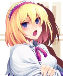 Rule 34 | 1girl, alice margatroid, angry, bad id, bad twitter id, blonde hair, blue eyes, blush, bow, capelet, crossed arms, hairband, irohara mitabi, lolita hairband, looking at viewer, open mouth, portrait, short hair, simple background, solo, touhou