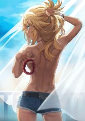 Rule 34 | 1girl, absurdres, ass, back, backboob, belt, blonde hair, blue shorts, blue sky, blush, bracelet, breasts, curtains, cutoffs, denim, denim shorts, eyes visible through hair, fate/apocrypha, fate (series), green eyes, highres, holding, holding hair, jewelry, looking at viewer, looking back, medium breasts, medium hair, micro shorts, mordred (fate), mordred (fate/apocrypha), necklace, scrunchie, short shorts, shorts, sidelocks, sky, solo, tomboy, tonee, topless, upper body