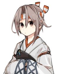 Rule 34 | 1girl, alternate hair length, alternate hairstyle, commentary request, grey hair, hachimaki, headband, hinata hibari, japanese clothes, kantai collection, looking at viewer, muneate, short hair, simple background, solo, upper body, white background, wide sleeves, zuihou (kancolle)