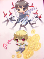Rule 34 | 2boys, black keys (type-moon), blonde hair, brown eyes, brown hair, character name, chibi, cross, cup, drinking glass, fate/zero, fate (series), gate of babylon (fate), gilgamesh (fate), jewelry, kotomine kirei, male focus, multiple boys, necklace, official alternate costume, red eyes, to kachan, wine glass