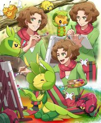 Rule 34 | 1boy, :d, branch, brown hair, burgh (pokemon), canvas (object), combee, creatures (company), easel, game freak, gen 4 pokemon, gen 5 pokemon, green eyes, green footwear, green shirt, gym leader, holding, holding paintbrush, joltik, leavanny, long sleeves, male focus, multiple views, nintendo, on floor, one eye closed, open mouth, paintbrush, painting (action), pokemoa, pokemon, pokemon (creature), pokemon bw, pokemon on leg, red footwear, red scarf, scarf, sewaddle, shirt, sitting, smile, striped, swadloon, teeth, tongue, two-tone footwear, upper teeth only, v-neck, venipede, vertical stripes