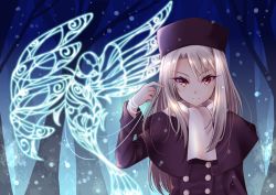 Rule 34 | 1girl, capelet, closed mouth, coat, eyelashes, fate/stay night, fate (series), forest, hat, highres, hikaru 310, illyasviel von einzbern, long hair, long sleeves, looking at viewer, nature, night, outdoors, purple capelet, purple coat, purple hat, red eyes, scarf, smile, snowing, solo, upper body, very long hair, white hair, white scarf