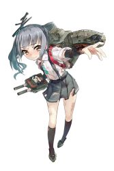 Rule 34 | 10s, 1girl, blush, bow, brown eyes, damaged, dress shirt, full body, grey hair, grey skirt, hair bow, hair ornament, kantai collection, kasumi (kancolle), konishi (koconatu), long hair, machinery, official art, outstretched arm, shirt, side ponytail, skirt, solo, suspenders, tears, torn clothes, torn skirt, transparent background, turret