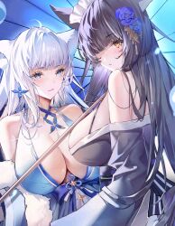 Rule 34 | 2girls, animal ears, azur lane, bare shoulders, black hair, black kimono, blue collar, blue dress, blue eyes, blue umbrella, breasts, center opening, chinese commentary, cleavage, collar, commentary request, dress, evening gown, feather boa, flower, fox ears, fox girl, from side, hair flower, hair ornament, halter dress, halterneck, highres, huge breasts, japanese clothes, kimono, kitsune, long hair, looking at another, looking at viewer, maid headdress, multiple girls, musashi (azur lane), musashi (violet moonglow) (azur lane), official alternate costume, oil-paper umbrella, one eye closed, purple flower, shinano (azur lane), shinano (dreams of the hazy moon) (azur lane), sleeveless, sleeveless dress, umbrella, upper body, white hair, xiongshouji, yellow eyes