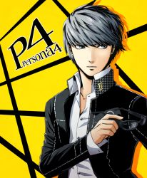 Rule 34 | 1boy, atlus, bad id, bad pixiv id, copyright name, expressionless, glasses, grey eyes, grey hair, jacket, long sleeves, looking away, loose clothes, loose shirt, male focus, narukami yuu, open clothes, open jacket, persona, persona 4, removing eyewear, school uniform, shirt, solo, standing, yellow background, yukipy
