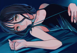 Rule 34 | 1girl, absurdres, black hair, black shirt, blue background, breasts, brown eyes, cable, hair between eyes, hand on own stomach, hand up, highres, looking at viewer, lying, medium hair, on back, original, richard-kun, shirt, sleeveless, sleeveless shirt, small breasts, solo, upper body