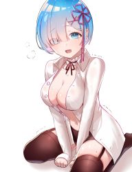 Rule 34 | 1girl, absurdres, arms between legs, black panties, black thighhighs, blouse, blue eyes, blue hair, blush, breasts, choker, cleavage, collarbone, collared shirt, commentary, dress shirt, eyes visible through hair, frilled choker, frills, garter straps, hair ornament, hair over one eye, hair ribbon, highres, large breasts, long sleeves, looking at viewer, misyune, navel, open clothes, open mouth, open shirt, panties, re:zero kara hajimeru isekai seikatsu, rem (re:zero), ribbon, ribbon choker, shirt, short hair, simple background, sitting, smile, solo, thighhighs, thighs, trembling, underwear, wariza, white background, white shirt, x hair ornament