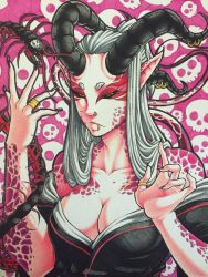 Rule 34 | 1girl, black nails, black sclera, breasts, cleavage, collarbone, colored sclera, demon girl, demon horns, highres, horns, jewelry, jgeorgedrawz, large breasts, lip piercing, nail polish, nose piercing, nose ring, off shoulder, orange eyes, original, piercing, pointy ears, ponytail, ring, scales, silver hair, skull, solo, tentacles, traditional media, upper body