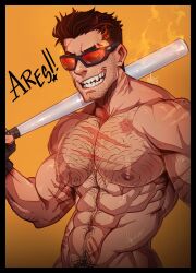 Rule 34 | 1boy, abs, ares (percy jackson and the olympians), bara, baseball bat, black gloves, character name, completely nude, facial hair, gloves, highres, holding, holding baseball bat, large pectorals, looking at viewer, male focus, male pubic hair, mature male, muscular, muscular male, navel, nipples, nude, pectorals, percy jackson and the olympians, pubic hair, scar, scar on arm, scar on chest, smile, solo, soynutts, sunglasses, teeth