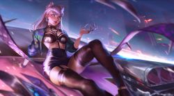 Rule 34 | 1girl, absurdres, car, claws, cropped jacket, demon girl, evelynn (league of legends), garter straps, highres, japanese clothes, jewelry, kneehighs, league of legends, long hair, looking to the side, makeup, motor vehicle, open clothes, revealing clothes, sitting, slit pupils, socks, solo, the baddest evelynn, tong tou, yellow eyes