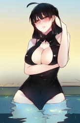Rule 34 | 1girl, adjusting hair, ahoge, black hair, blush, breast hold, breasts, cleavage, cleavage cutout, clothing cutout, competition swimsuit, covered navel, cowboy shot, earrings, female focus, front zipper swimsuit, glasses, half-closed eyes, highres, jewelry, kairos+, large breasts, meme attire, one-piece swimsuit, original, parted lips, solo, swimsuit, unzipped, wading, water, yellow eyes