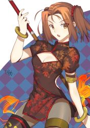 Rule 34 | 1girl, bangle, black pantyhose, bracelet, breasts, brown dress, brown eyes, brown hair, checkered background, china dress, chinese clothes, cleavage, dress, fate/grand order, fate (series), fingernails, fishnet pantyhose, fishnets, highres, holding, jewelry, leaf print, looking at viewer, maple leaf print, nezha (fate), nikame, pantyhose, parted bangs, parted lips, print dress, puffy short sleeves, puffy sleeves, short sleeves, single thighhigh, small breasts, solo, thighhighs, twintails, v-shaped eyebrows