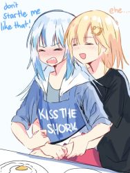 Rule 34 | 2girls, apron, arms around waist, black shirt, blonde hair, blue apron, blue hair, blue hoodie, blush, commentary, egg (food), english commentary, english text, food, fried egg, gawr gura, hair ornament, hand on another&#039;s arm, hololive, hololive english, hood, hood down, hoodie, light blush, long hair, medium hair, misaki d3su, multiple girls, plate, red apron, shirt, silver hair, t-shirt, virtual youtuber, watson amelia