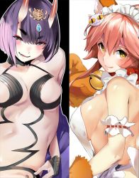 Rule 34 | 2girls, :p, animal ears, armband, bare shoulders, bell, black eyes, breasts, cat hair ornament, fate/grand order, fate (series), hair ornament, highres, horns, jewelry, jingle bell, marushin (denwa0214), multiple girls, open mouth, purple hair, red hair, shuten douji (fate), side-by-side, sideboob, smile, tamamo (fate), tamamo cat (fate), tamamo cat (third ascension) (fate), tongue, tongue out, yellow eyes
