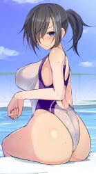 Rule 34 | 1girl, ass, black hair, blue eyes, blue sky, cloud, commentary request, competition swimsuit, hair over one eye, highleg, highleg swimsuit, long bangs, medium hair, one-piece swimsuit, original, pool, shiro maru, sitting, sky, solo, swimsuit, two-tone swimsuit, water, wedgie, white one-piece swimsuit