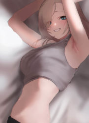 Rule 34 | 1girl, :d, absurdres, armpits, arms up, bed sheet, blonde hair, blush, crop top, gadeung hye, grey tank top, grin, highres, looking at viewer, lying, midriff, on side, open mouth, original, smile, solo, tank top