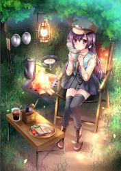Rule 34 | 1girl, black skirt, black thighhighs, blowing, boots, bowl, camping, chair, commentary request, cooking, cup, egg (food), fire, folding chair, folding table, food, frying pan, grass, green vest, grill, grilling, hair between eyes, hat, holding, holding cup, lantern, long hair, long sleeves, original, outdoors, peaked cap, plaid, plaid skirt, plate, pot, purple eyes, purple hair, sakurano ru, shirt, sitting, skirt, solo, steam, sunny side up egg, table, thighhighs, tree, vest, wood, yellow shirt, zettai ryouiki