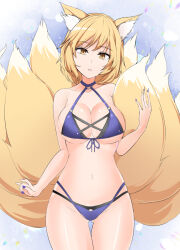 Rule 34 | 1girl, \||/, alternate costume, animal ear fluff, animal ears, blonde hair, blue nails, breasts, cleavage, commentary request, fox ears, fox tail, gluteal fold, hand up, head tilt, kitsune, large breasts, looking at viewer, multiple tails, nail polish, parted lips, short hair, solo, tail, teeth, thigh gap, touhou, y2, yakumo ran, yellow eyes