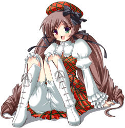 Rule 34 | 1girl, arm support, beret, bloomers, blush, boots, brown hair, cosplay, dress, drill hair, frilled sleeves, frills, full body, green eyes, hair ribbon, hat, heterochromia, knee boots, long hair, looking at viewer, plaid, plaid dress, plaid headwear, red dress, red eyes, ribbon, rozen maiden, shinshin, simple background, sitting, solo, suiseiseki, underwear, very long hair, white bloomers