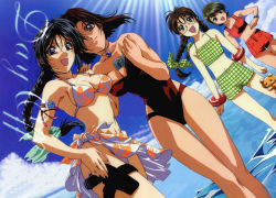 Rule 34 | 4girls, :d, armpits, arms at sides, bare arms, bare legs, beach, bikini, black hair, blue eyes, braid, breasts, brown hair, brown one-piece swimsuit, character request, cleavage, clenched hand, clenched hands, closed mouth, cloud, day, english text, female focus, flat chest, friends, glasses, gun, hair ribbon, hands up, happy, innertube, jewelry, kobayakawa miyuki, large breasts, legs, long hair, looking at viewer, medium breasts, midriff, multiple girls, navel, necklace, non-web source, ocean, official art, one-piece swimsuit, open mouth, outdoors, plaid, plaid ribbon, red one-piece swimsuit, retro artstyle, ribbon, sarong, sky, smile, standing, strapless, sunlight, swim ring, swimsuit, taiho shichauzo, tsujimoto natsumi, twin braids, water, weapon, white bikini, white sarong