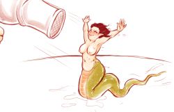 Rule 34 | 1girl, bad id, bad tumblr id, breasts, brown hair, drying, hair dryer, lamia, lips, medium breasts, mini person, minigirl, monster girl, navel, nipples, original, outstretched arms, plump, pointy ears, scales, short hair, smile, solo, valdgeist, wet