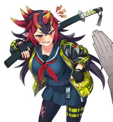 Rule 34 | 1girl, 1other, black hair, blush, breasts, check commentary, commentary, commentary request, delinquent, duel monster, ear piercing, fingerless gloves, gloves, highres, holding, holding sword, holding weapon, horns, jacket, katana, large breasts, leaning forward, long hair, messy hair, multicolored hair, oni, oni horns, piercing, pointy ears, praying, red eyes, red hair, school uniform, sharp teeth, solo focus, sukeban, sword, teeth, thighhighs, torn clothes, torn thighhighs, tsukinami kousuke, very long hair, weapon, yellow jacket, you&#039;re finished (yu-gi-oh!), yu-gi-oh!