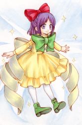 Rule 34 | 1girl, bow, dress, dress bow, fairy, fairy wings, full body, green bow, green footwear, hair bow, highres, io (maryann blue), long sleeves, looking at viewer, pantyhose, purple eyes, purple hair, red bow, rengeteki (touhou), short hair, smile, solo, sparkle, touhou, touhou (pc-98), white pantyhose, white wings, wings, yellow bow, yellow dress