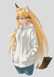 Rule 34 | 1girl, absurdres, alternate costume, animal ear fluff, animal ears, black hair, blonde hair, contemporary, cropped legs, drawstring, extra ears, ezo red fox (kemono friends), fox ears, fox girl, fox tail, gradient hair, grey background, hair between eyes, hands in pockets, highres, hood, hood down, hooded jacket, jacket, kemono friends, long hair, long sleeves, looking at viewer, multicolored hair, orange hair, pants, parted lips, simple background, solo, tail, tanabe (fueisei), very long hair, white hair, white jacket
