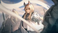 Rule 34 | 1girl, 3others, animal ear fluff, animal ears, arknights, blemishine (arknights), blonde hair, cape, commentary, hair between eyes, long hair, looking at viewer, multiple others, official art, parted lips, ryuuzaki ichi, sidelocks, upper body, white cape, yellow eyes