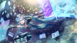 Rule 34 | 1girl, absurdres, armpits, black skirt, blue eyes, blue hair, blue necktie, collared shirt, commentary request, detached sleeves, eva mashiro, floating hair, grey shirt, hand in own hair, hatsune miku, headset, highres, holographic monitor, lens flare, long hair, necktie, open mouth, outstretched arm, pleated skirt, shirt, skirt, sleeveless, sleeveless shirt, smile, solo, thighhighs, twintails, vocaloid