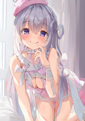 Rule 34 | 1girl, :q, absurdres, all fours, bandaged arm, bandages, bare arms, bare shoulders, barefoot, beret, blush, braid, breasts, cleavage, cleavage cutout, closed mouth, clothing cutout, commentary request, door, dress, frilled dress, frills, grey hair, grey ribbon, hair between eyes, hair ribbon, hat, highres, indoors, long hair, matcha (user yyss8744), medium breasts, naito mare (vtuber), official art, pink dress, pink hat, purple eyes, ribbon, sleepmonster, sleeveless, sleeveless dress, smile, solo, tilted headwear, tongue, tongue out, very long hair, virtual youtuber
