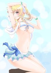 Rule 34 | 10s, 1girl, areola slip, arm up, ayase eli, bikini, bikini top lift, blonde hair, blue eyes, bracelet, breasts, clothes lift, covered erect nipples, covering one eye, earrings, frapowa, front-tie top, jewelry, love live!, love live! school idol project, medium breasts, natsuiro egao de 1 2 jump!, navel, necklace, ponytail, shiny skin, skirt, solo, underboob