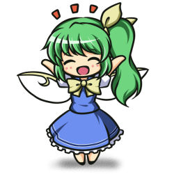 Rule 34 | 1girl, :d, \o/, ^ ^, aitsugawa rui, arms up, ascot, bad id, bad pixiv id, blue dress, blush stickers, bow, chibi, closed eyes, commentary request, daiyousei, dress, closed eyes, fairy wings, frills, full body, green hair, hair bow, happy, open mouth, outstretched arms, short hair, side ponytail, simple background, smile, solo, touhou, white background, wings