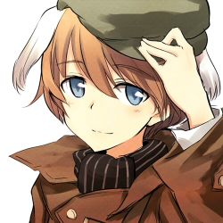 Rule 34 | 1girl, animal ears, blue eyes, blush, hat, holding, holding clothes, holding hat, isabelle du monceau de bergendal, jacket, light smile, looking at viewer, lowres, noble witches, orange hair, portrait, sandwich (artist), short hair, simple background, solo, strike witches, tsuchii (ramakifrau), world witches series