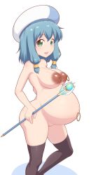 Rule 34 | 1girl, akai (riaakai), black thighhighs, blue eyes, blue hair, blush, breasts, dark nipples, endro!, groin, hat, highres, large areolae, large breasts, looking at viewer, looking to the side, meiza endust, navel, navel piercing, nipple piercing, nipples, nude, open mouth, piercing, pregnant, sagging breasts, shadow, shiny skin, short hair, simple background, solo, staff, standing, thighhighs, white background