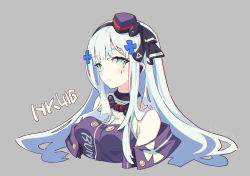 Rule 34 | 1girl, bare shoulders, blush, chromatic aberration, female focus, girls&#039; frontline, green eyes, hat, highres, hk416 (girls&#039; frontline), hk416 (mod3) (girls&#039; frontline), litsvn, long hair, looking at viewer, official alternate costume, pale skin, pout, solo, white hair