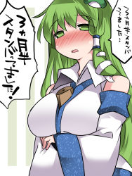 Rule 34 | :o, albino, between breasts, blue skirt, blush, breast hold, breasts, collared vest, cowboy shot, detached sleeves, eyebrows, frog hair ornament, full-face blush, green eyes, green hair, hair ornament, hammer (sunset beach), kochiya sanae, large breasts, long hair, long sleeves, looking at viewer, neglect play, parted lips, red eyes, skirt, snake hair ornament, solo, sweatdrop, text focus, touhou, translation request, upper body, vest, white vest, wide sleeves