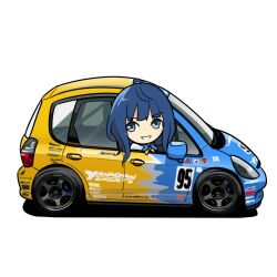 1girl blue_eyes blue_hair car driving highres holeecrab honda honda_fit looking_to_the_side make_heroine_ga_oo_sugiru! medium_hair motor_vehicle race_vehicle racecar simple_background smile solo spoon_sports super_taikyu v-shaped_eyebrows vehicle_focus white_background yanami_anna yellow_car