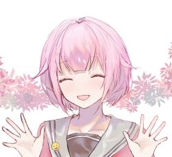 Rule 34 | 1girl, ^ ^, blunt bangs, bob cut, closed eyes, commentary, epoche, facing viewer, floral background, flower, hair flaps, highres, light blush, ootori emu, open mouth, pink flower, pink hair, pink serafuku, pink stripes, portrait, project sekai, sailor collar, school uniform, serafuku, short hair, simple background, smile, smiley face, solo, upper body, white background, white sailor collar