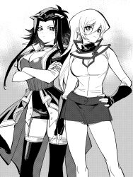 Rule 34 | 2girls, breasts, cleavage, commentary request, crossed arms, duel academy uniform (yu-gi-oh! gx), elbow gloves, fingerless gloves, gloves, hair between eyes, hand on own hip, izayoi aki, jiayu long, large breasts, looking at viewer, monochrome, multiple girls, skirt, smile, tenjouin asuka, thighhighs, yu-gi-oh!, yu-gi-oh! 5d&#039;s, yu-gi-oh! gx