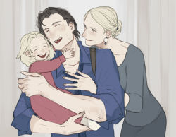 Rule 34 | 1boy, 2girls, :d, bad id, bad pixiv id, black hair, blonde hair, blouse, blue eyes, blue necktie, blue shirt, carrying, child, closed eyes, collared shirt, earrings, family, father and daughter, grey background, grey shirt, grey skirt, hair bun, husband and wife, jewelry, lily castellanos, looking at another, mother and daughter, multiple girls, myra hansen, necktie, open mouth, sebastian castellanos, shirt, single hair bun, skirt, sleeves rolled up, smile, teeth, the evil within, upper body, wavesheep