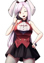 Rule 34 | 1girl, alternate costume, animal ears, blouse, breasts, collarbone, cowboy shot, denki (biribiri), extra ears, eyes visible through hair, hand on own hip, head tilt, highres, large breasts, light purple hair, long hair, one eye closed, open mouth, outline, pantyhose, parted bangs, purple hair, rabbit ears, red eyes, red shirt, reisen udongein inaba, shirt, skirt, sleeveless, sleeveless shirt, solo, thighs, touhou, v, very long hair