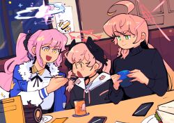 Rule 34 | 3girls, :d, ahoge, black shirt, black sweater, blue archive, blue jacket, blush, cake, closed mouth, color connection, cup, dutch angle, feeding, food, fork, green eyes, hair color connection, halo, hanako (blue archive), head wings, high ponytail, highres, holding, holding cup, holding fork, indoors, jacket, kinzaibatsu91, koharu (blue archive), long hair, long sleeves, looking at another, mika (blue archive), multiple girls, night, open clothes, open jacket, open mouth, pink hair, pink halo, restaurant, shirt, smile, sweater, swiss roll, turtleneck, turtleneck sweater, twintails, wings, yellow eyes