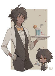Rule 34 | 1boy, ahoge, arknights, black hair, black pants, bow, bowtie, braid, brown background, cake, closed mouth, collared shirt, commentary request, cowboy shot, cropped legs, dark-skinned male, dark skin, drinking straw, expressionless, food, formal, fruit, glass, gloves, hand on own hip, hand up, highres, jitome, male focus, multiple views, orange (fruit), orange eyes, orange slice, pants, shirt, short hair, short ponytail, strawberry shortcake, thorns (arknights), tray, waistcoat, white background, white gloves, white shirt, yellow neckwear, yuzuriha (ryami)